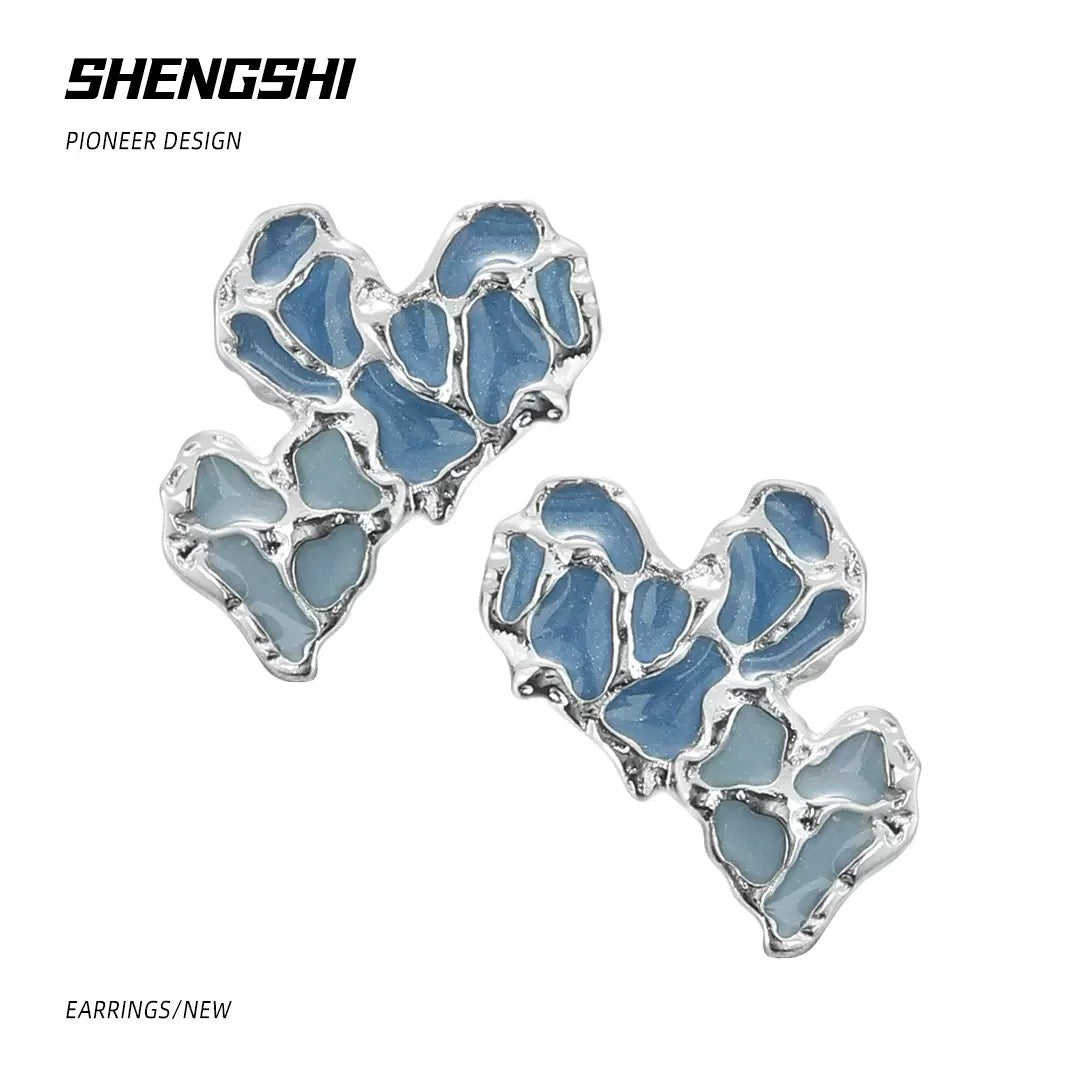 [F66]Korean Style Unique Color-Blocked Blue Heart Earrings SSED-36