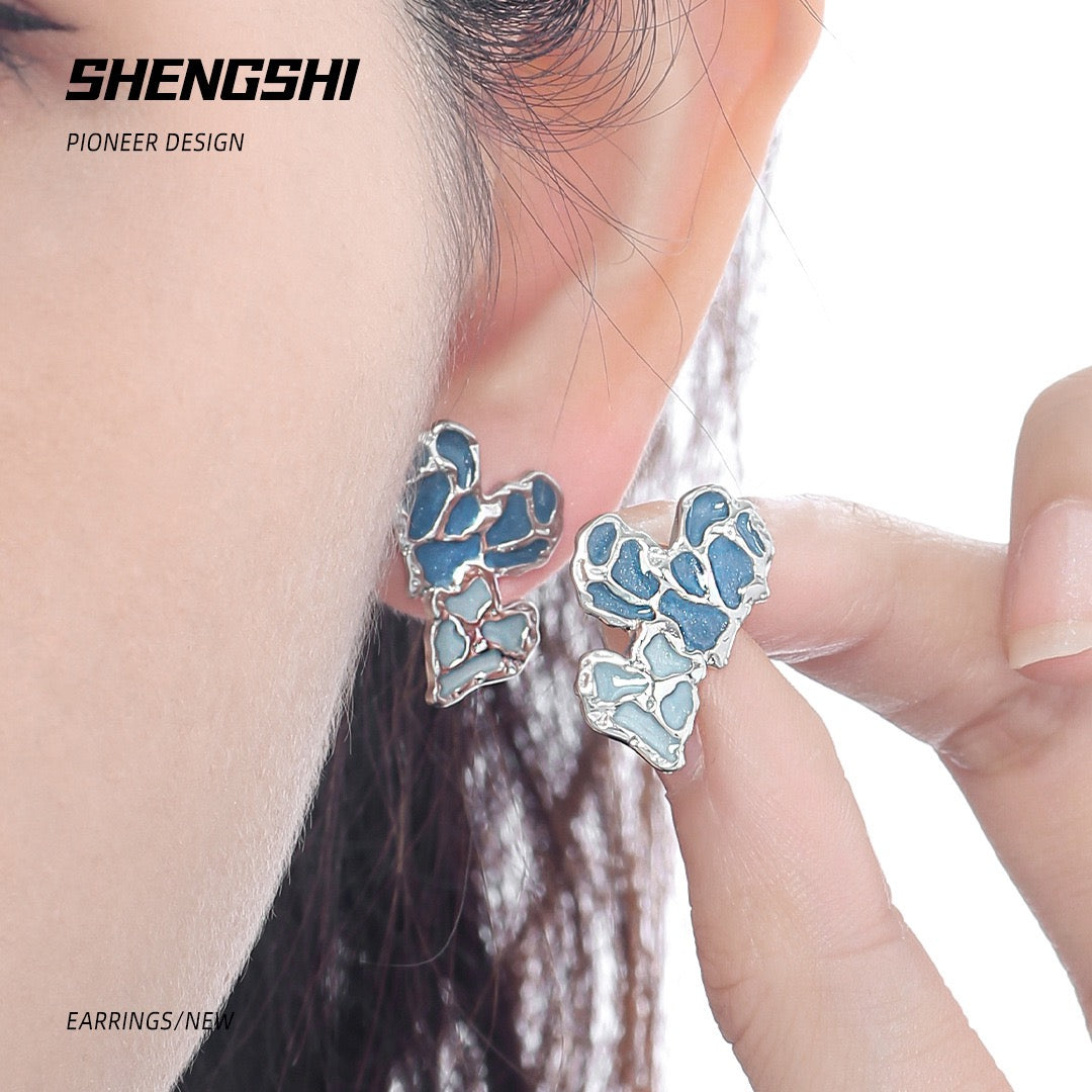 [F66]Korean Style Unique Color-Blocked Blue Heart Earrings SSED-36