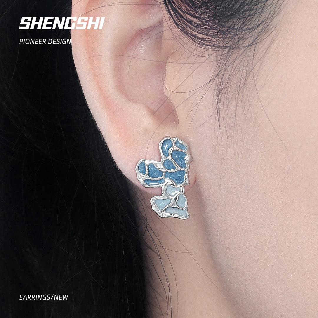 [F66]Korean Style Unique Color-Blocked Blue Heart Earrings SSED-36
