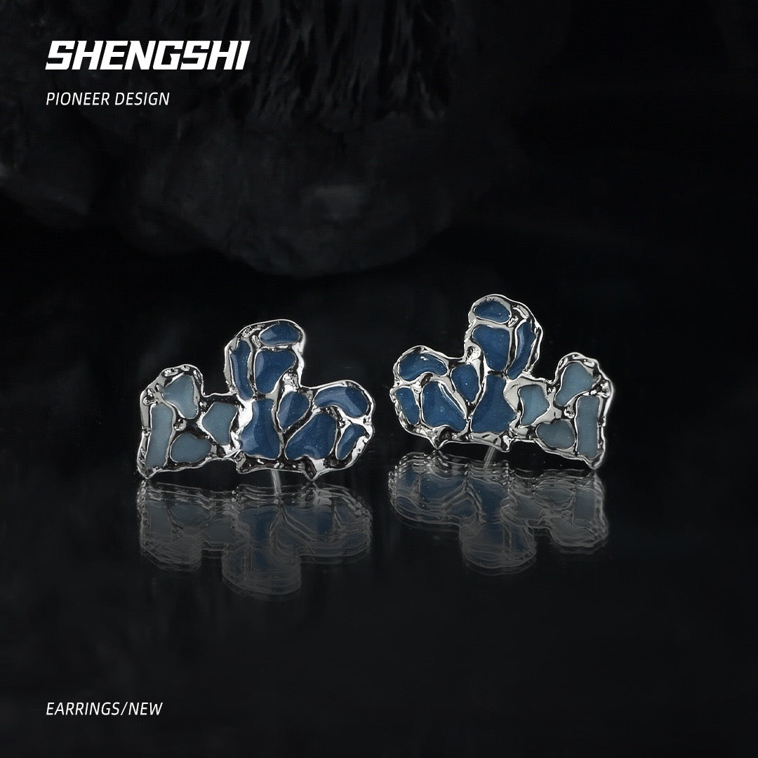 [F66]Korean Style Unique Color-Blocked Blue Heart Earrings SSED-36