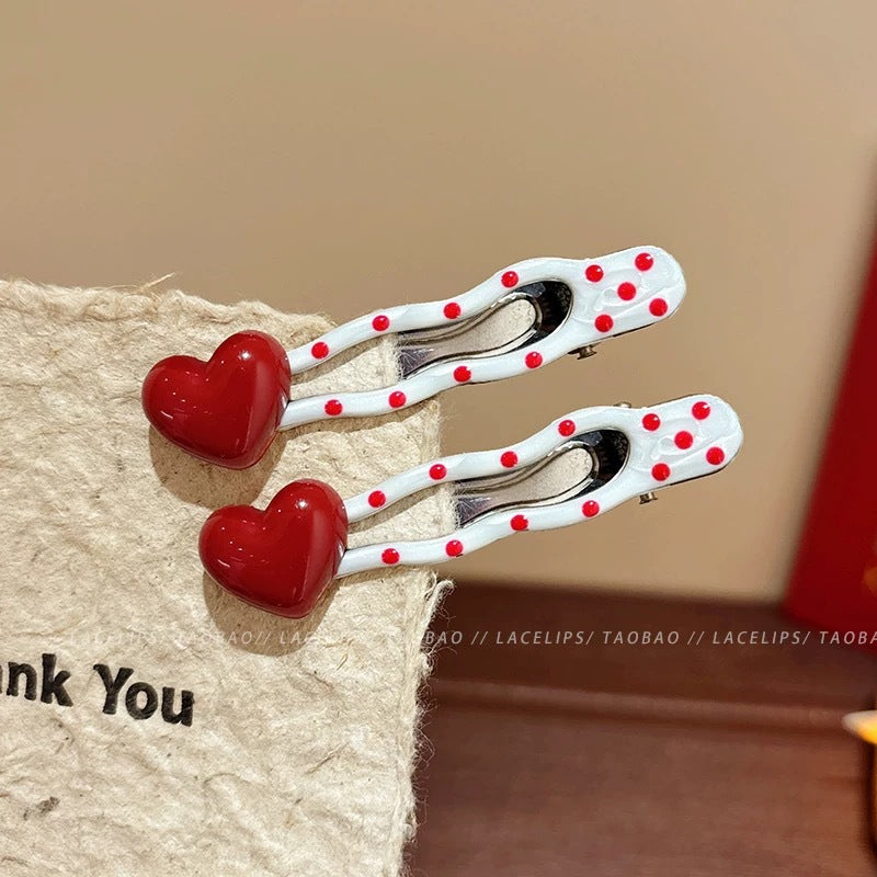 [H41]3# Red Heart Polka Dot Hollow Wave Side Clip [One Pair]