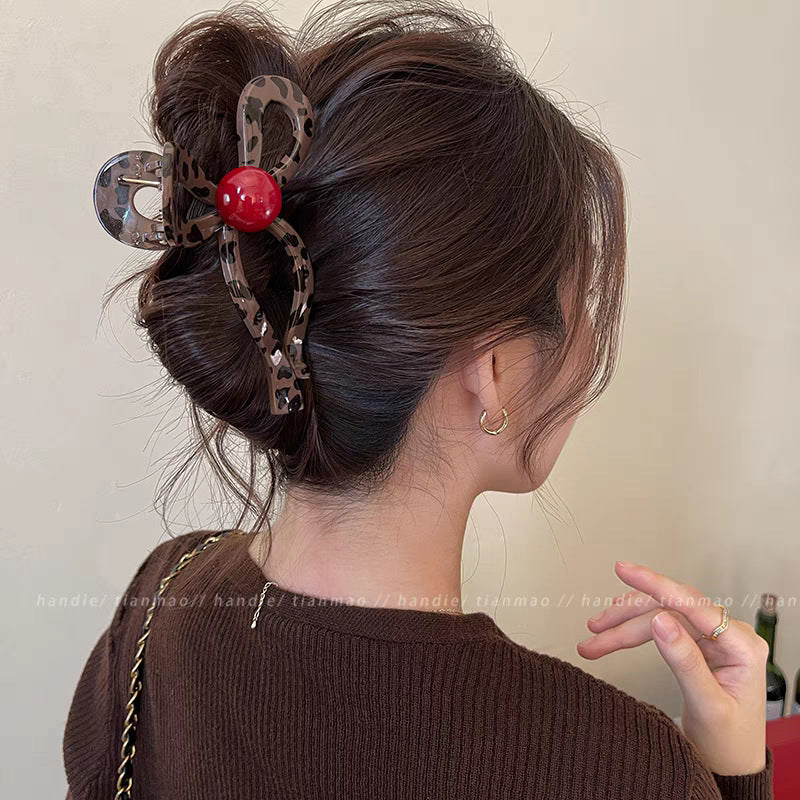 [H19]60# Brown Leopard Print Bow Red Beads [11cm]